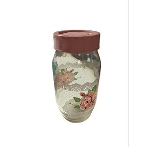 Vintage Carlton Glass 2 L Liter Pink Rose Canister with lid - Made in USA - Used